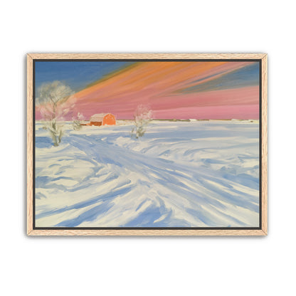 Pink sky over the red barn