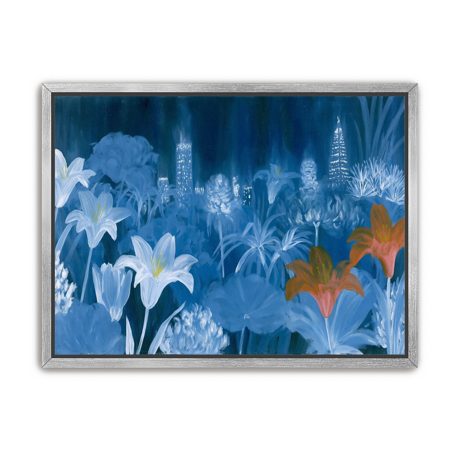 City lights behind lilies