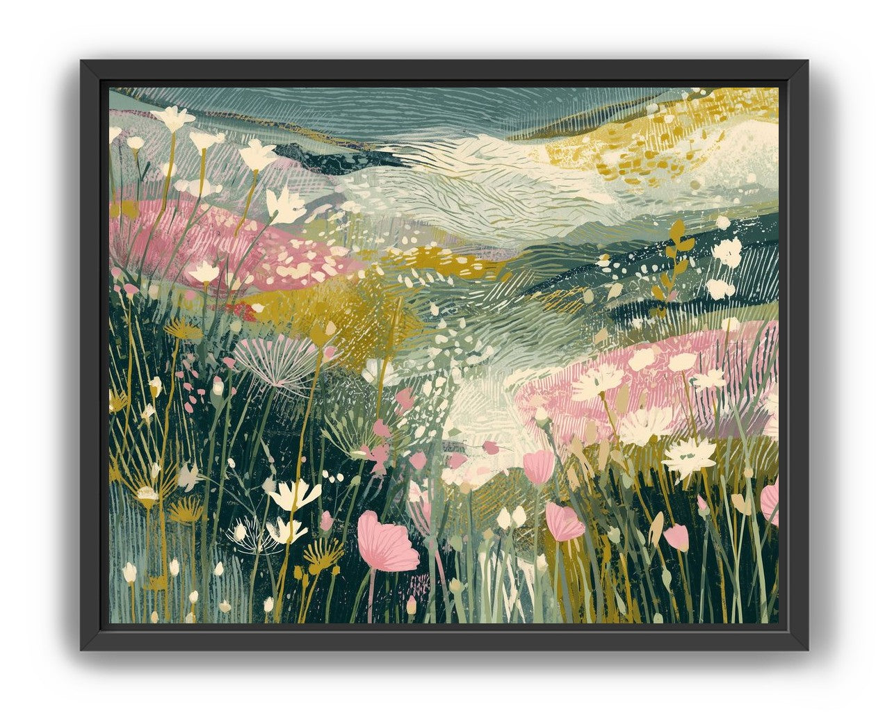 Teal sky over pink meadow