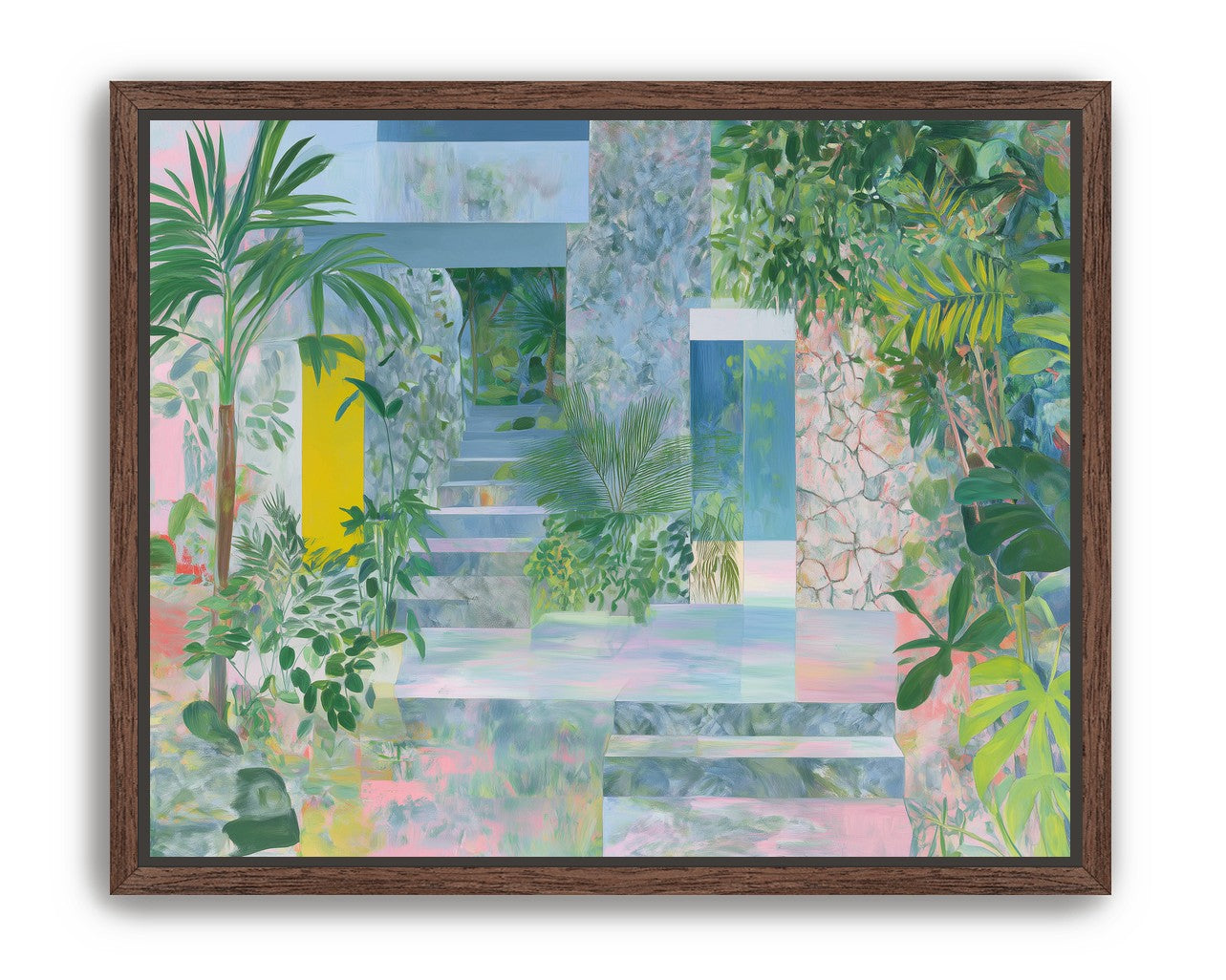 Pastel stairs between yellow and blue doors
