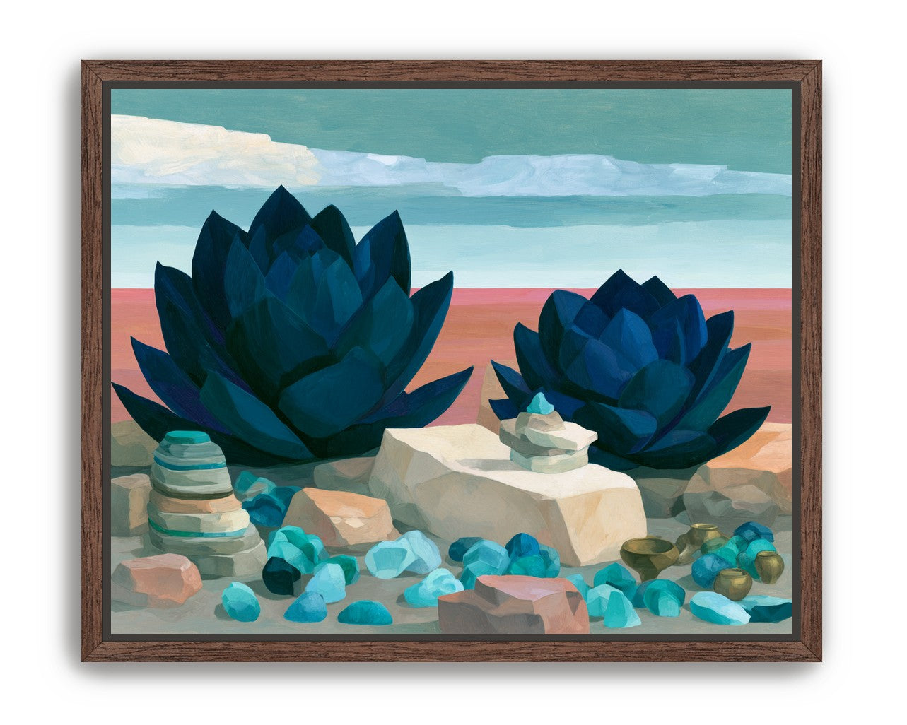 Deep blue blooms on coral ground