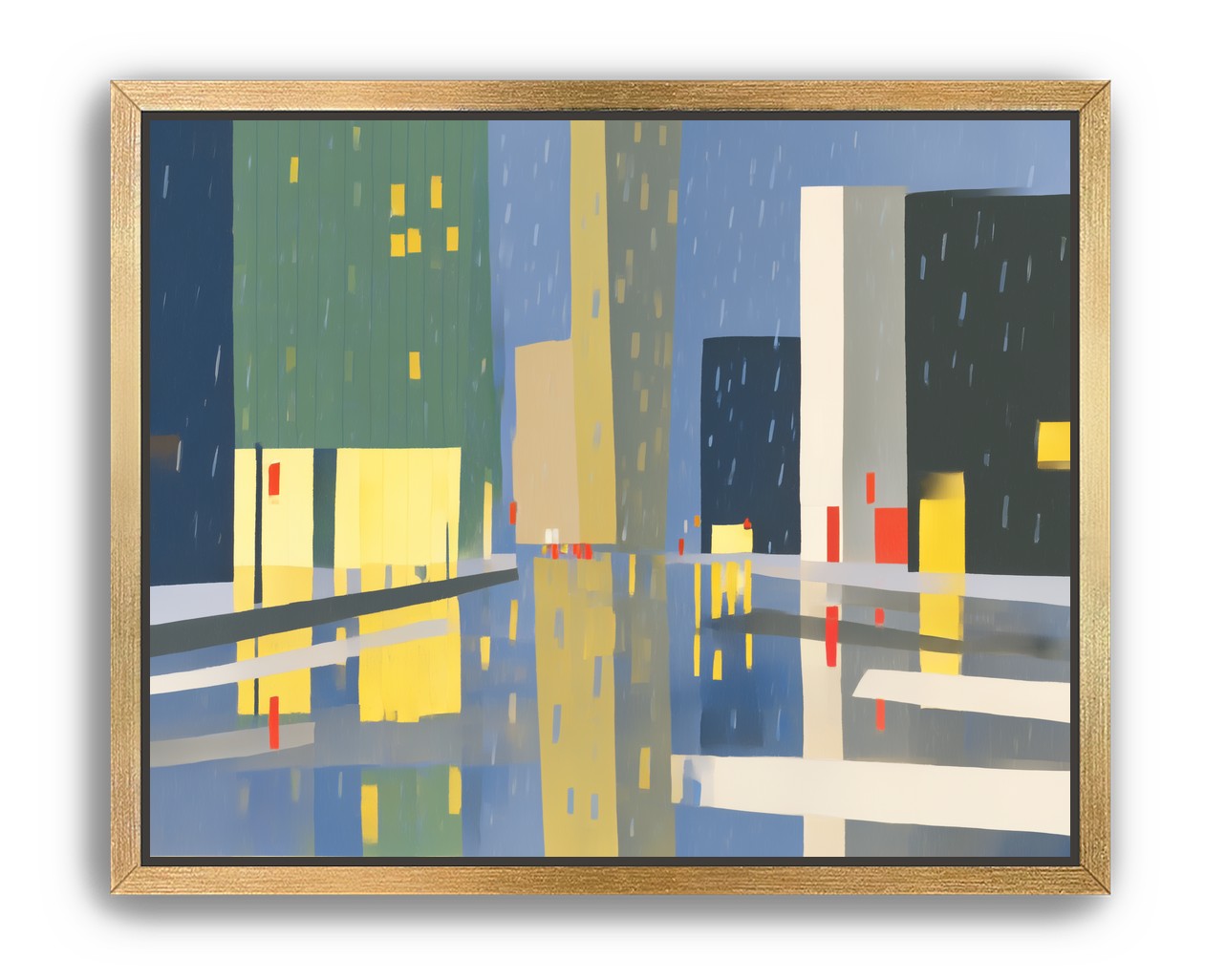 Yellow windows on wet blue street
