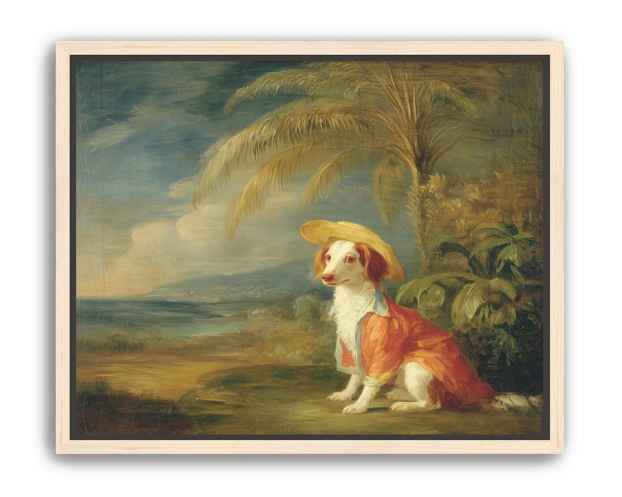A hatted dog by the sea