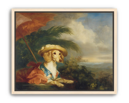 Red parasol over seaside dog