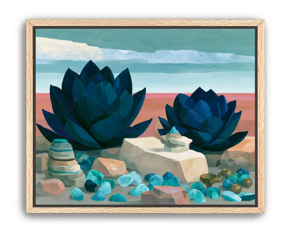Deep blue blooms on coral ground