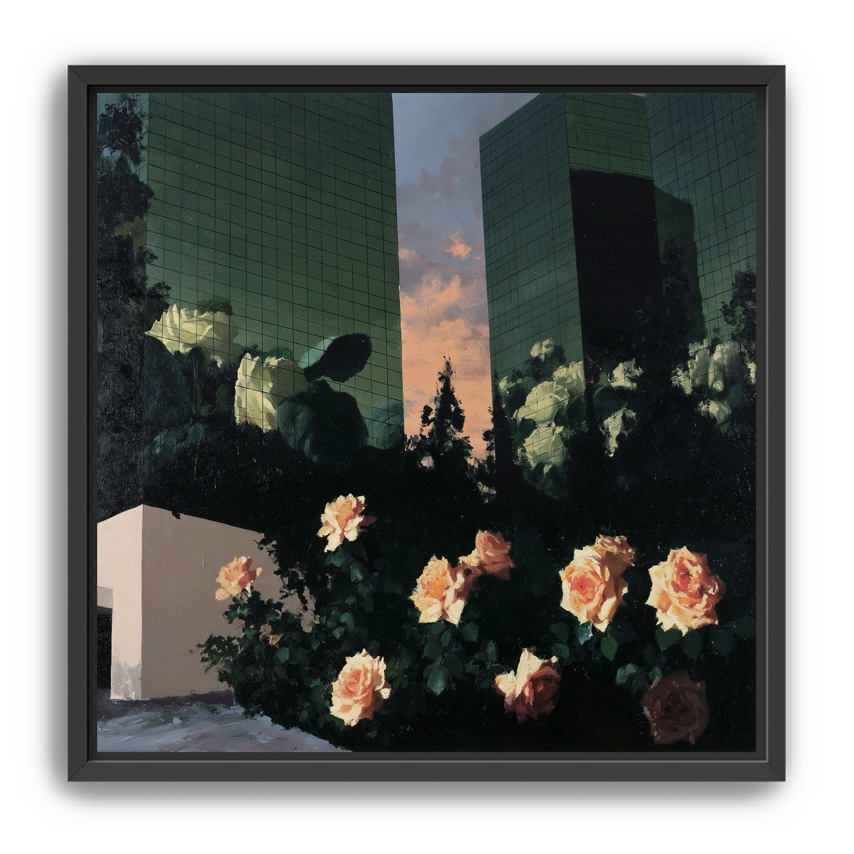 Roses under green towers