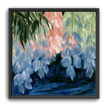 Blue flowers under green leaves