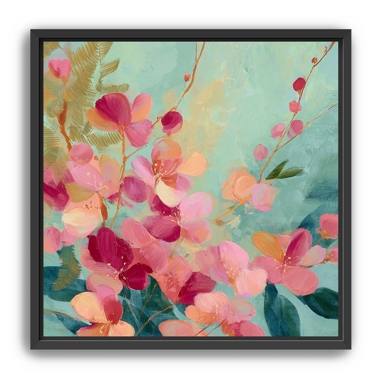 Pink blossoms drifting through teal