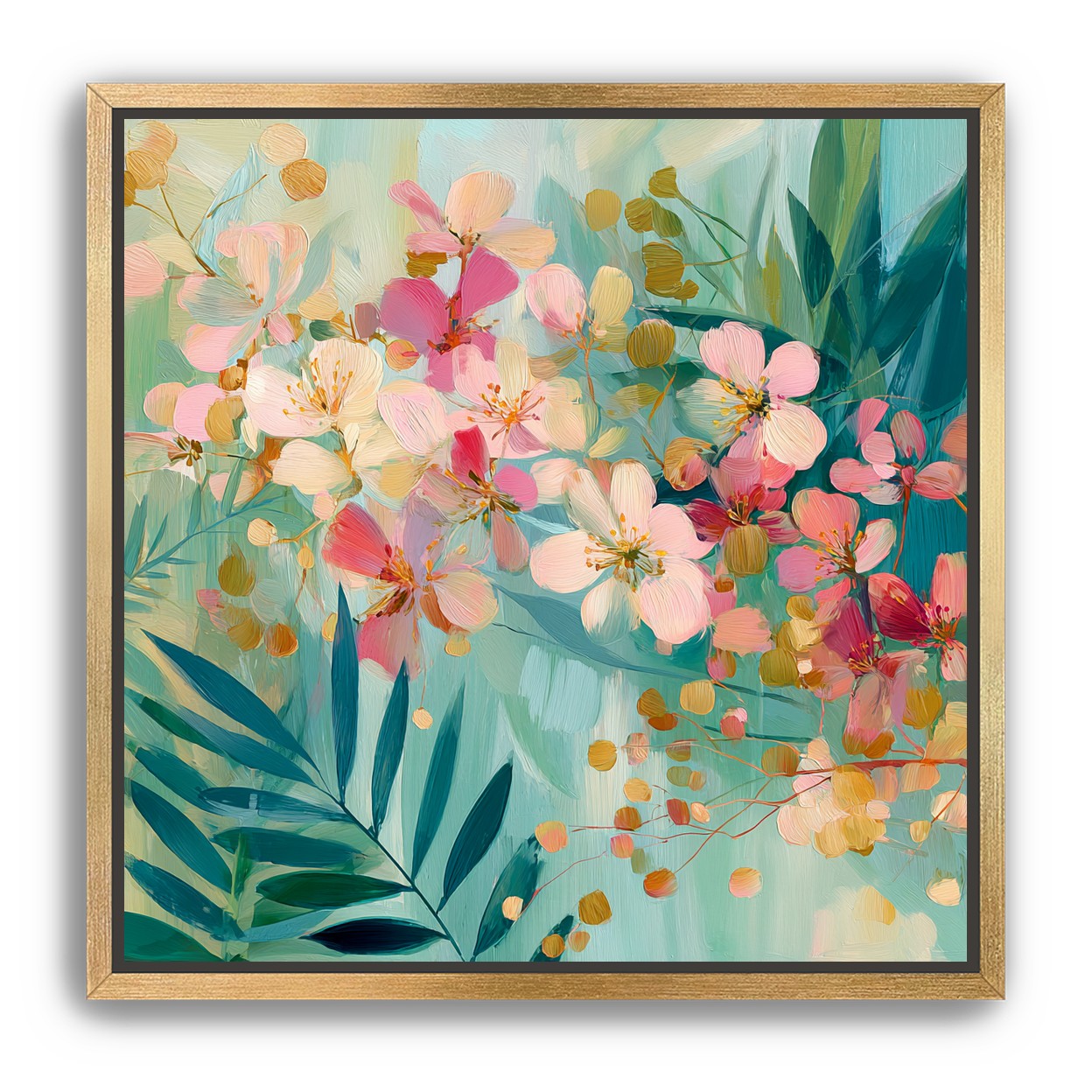 Blossoms over teal leaves