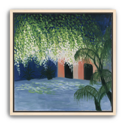 Doorway under falling blossoms