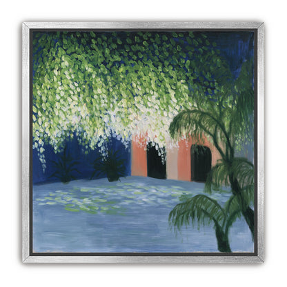 Doorway under falling blossoms