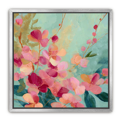 Pink blossoms drifting through teal