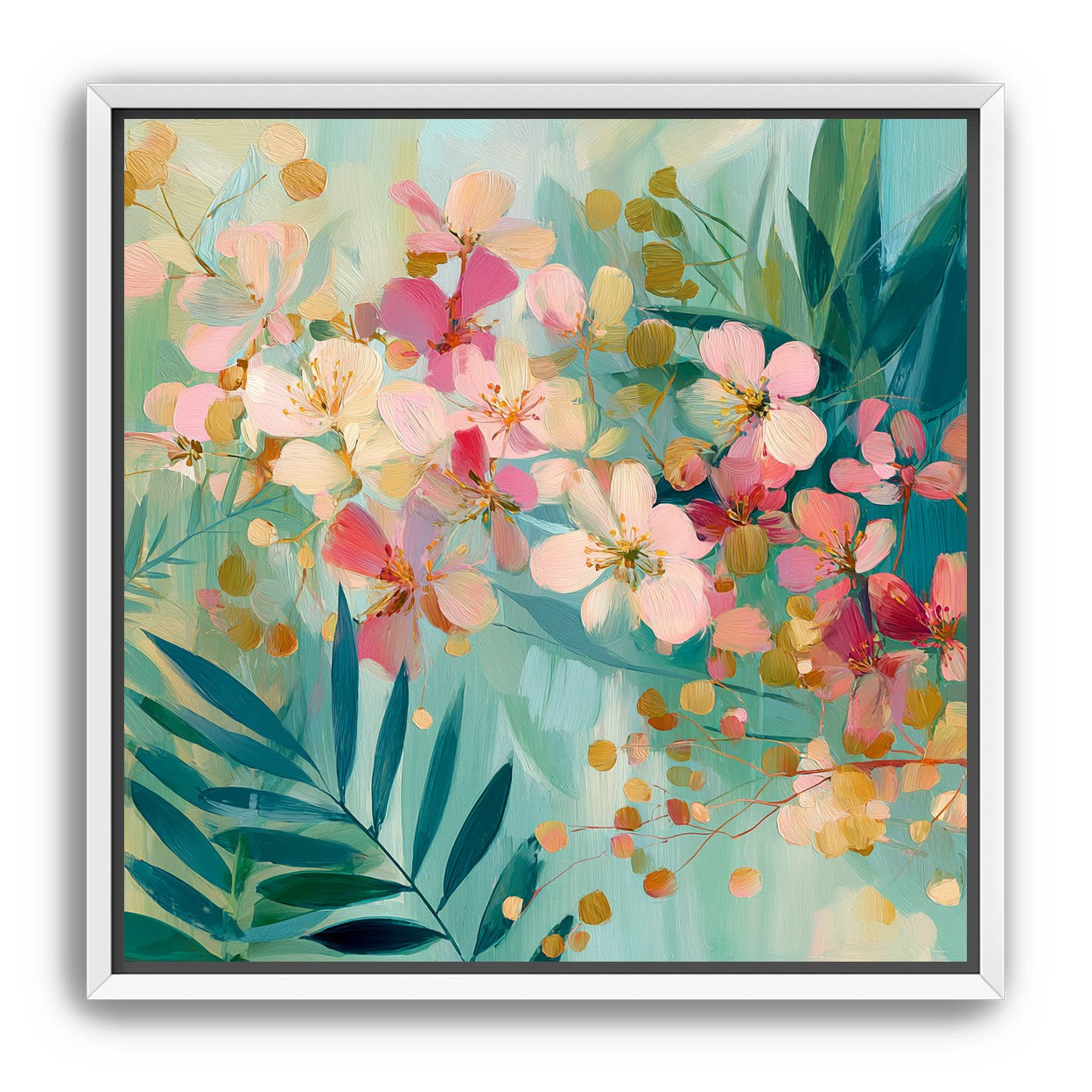 Blossoms over teal leaves