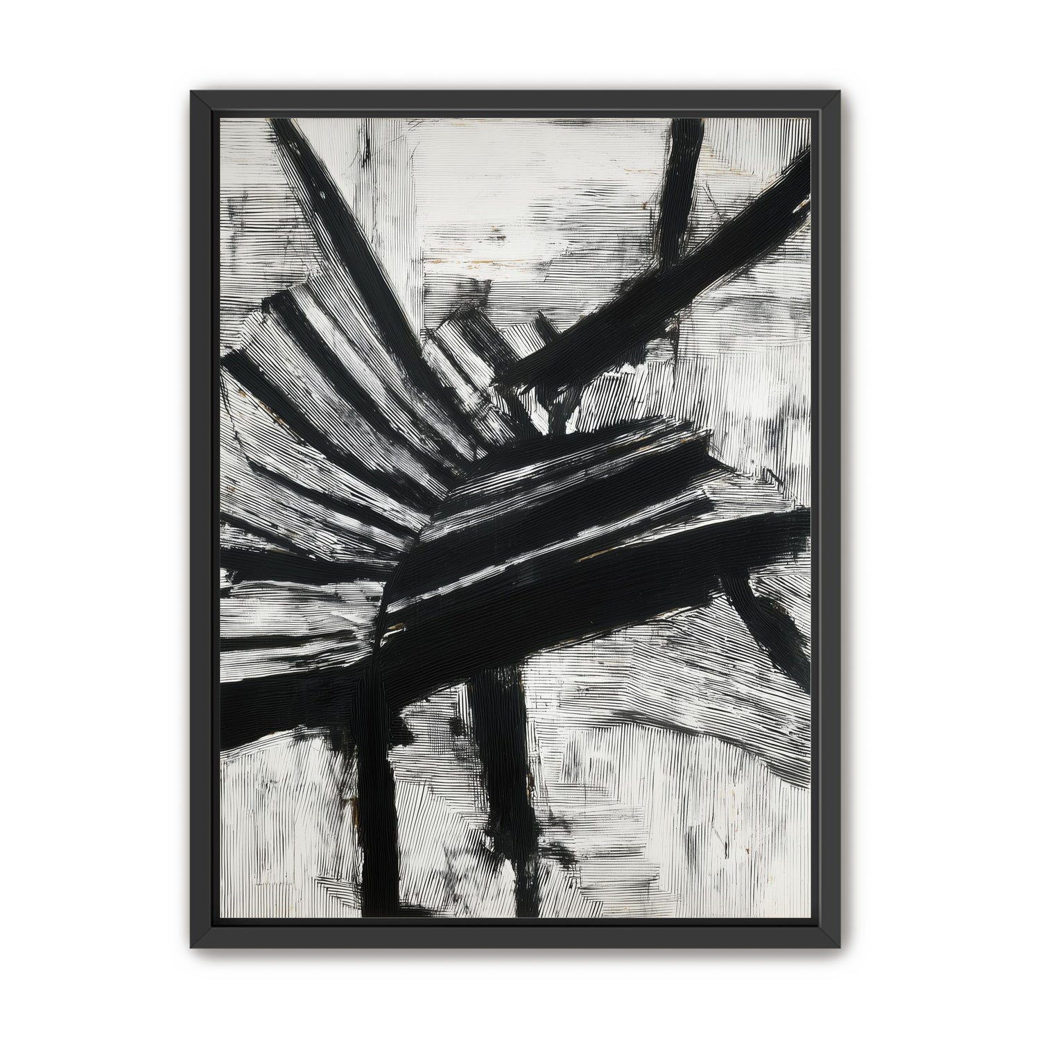 Non-Representational: Thick black brushstrokes cross and stack over a white surface filled with fine scratched lines.