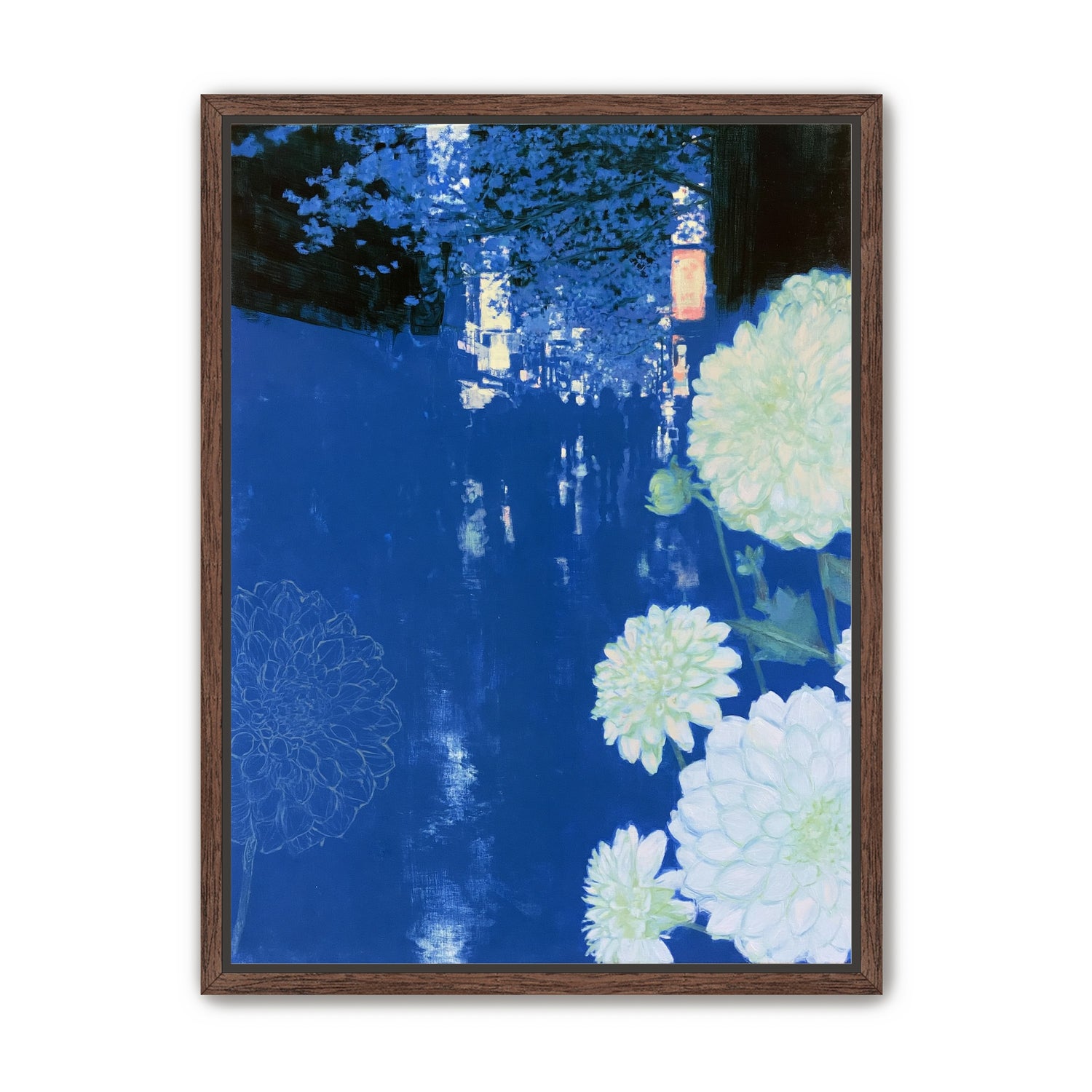 White blooms on blue canal