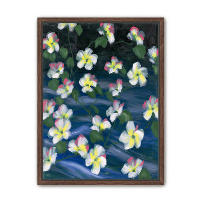 White flowers across deep blue