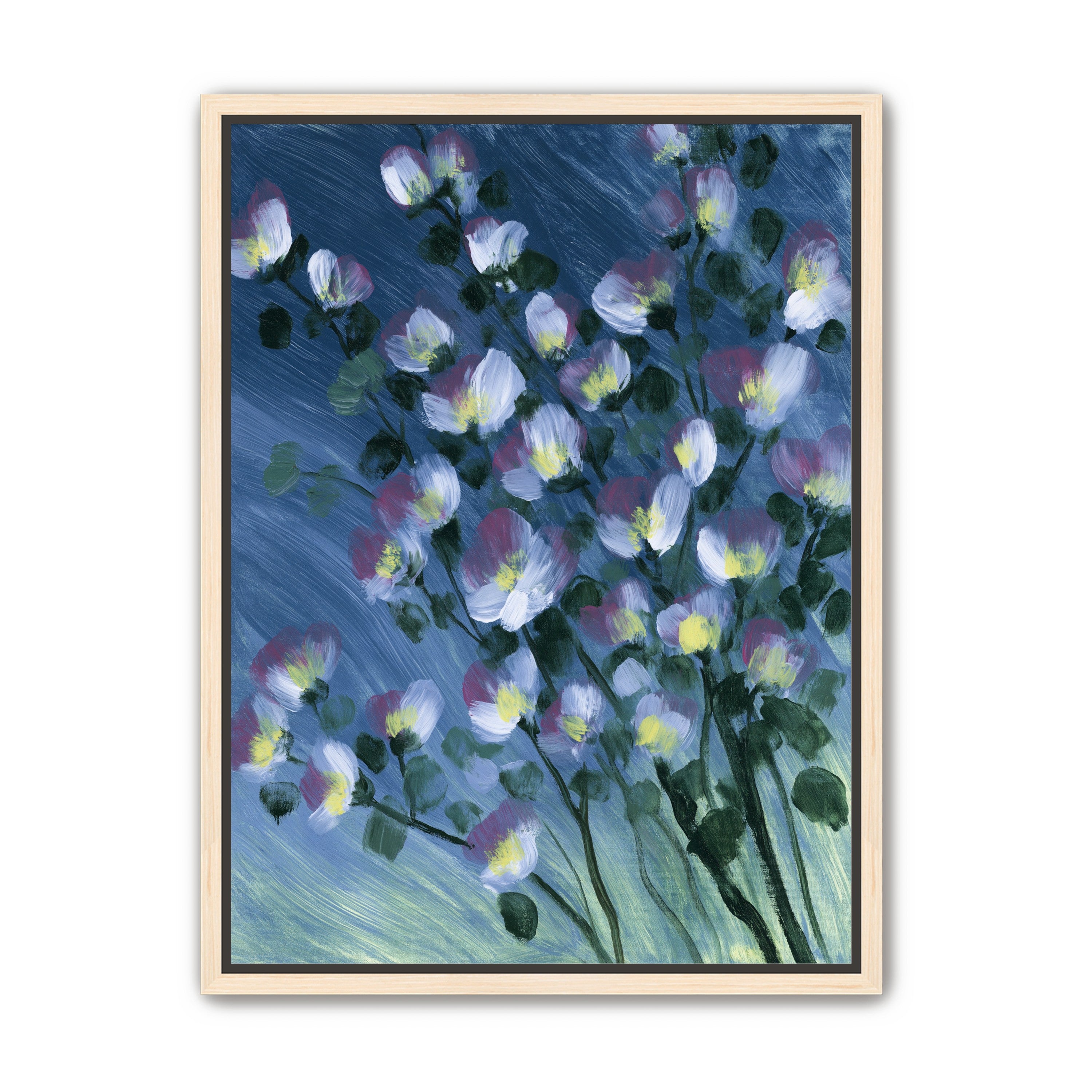 White blossoms on blue field