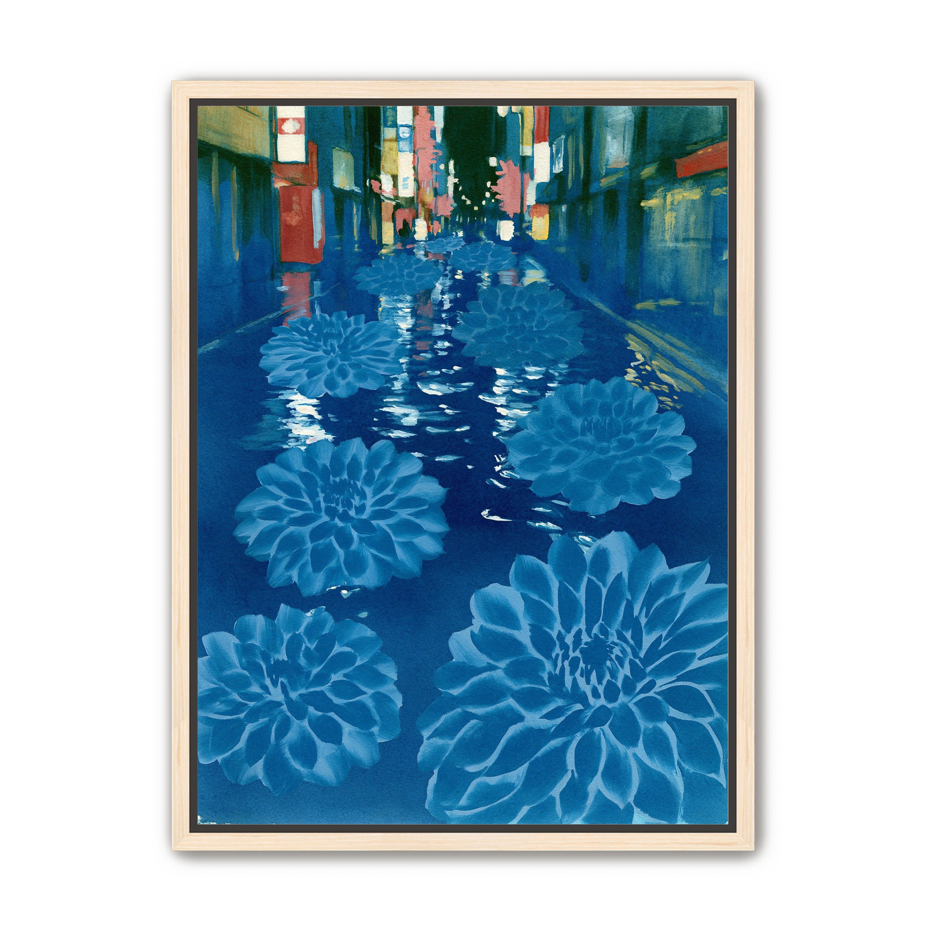 Neon spills into blue floodwater