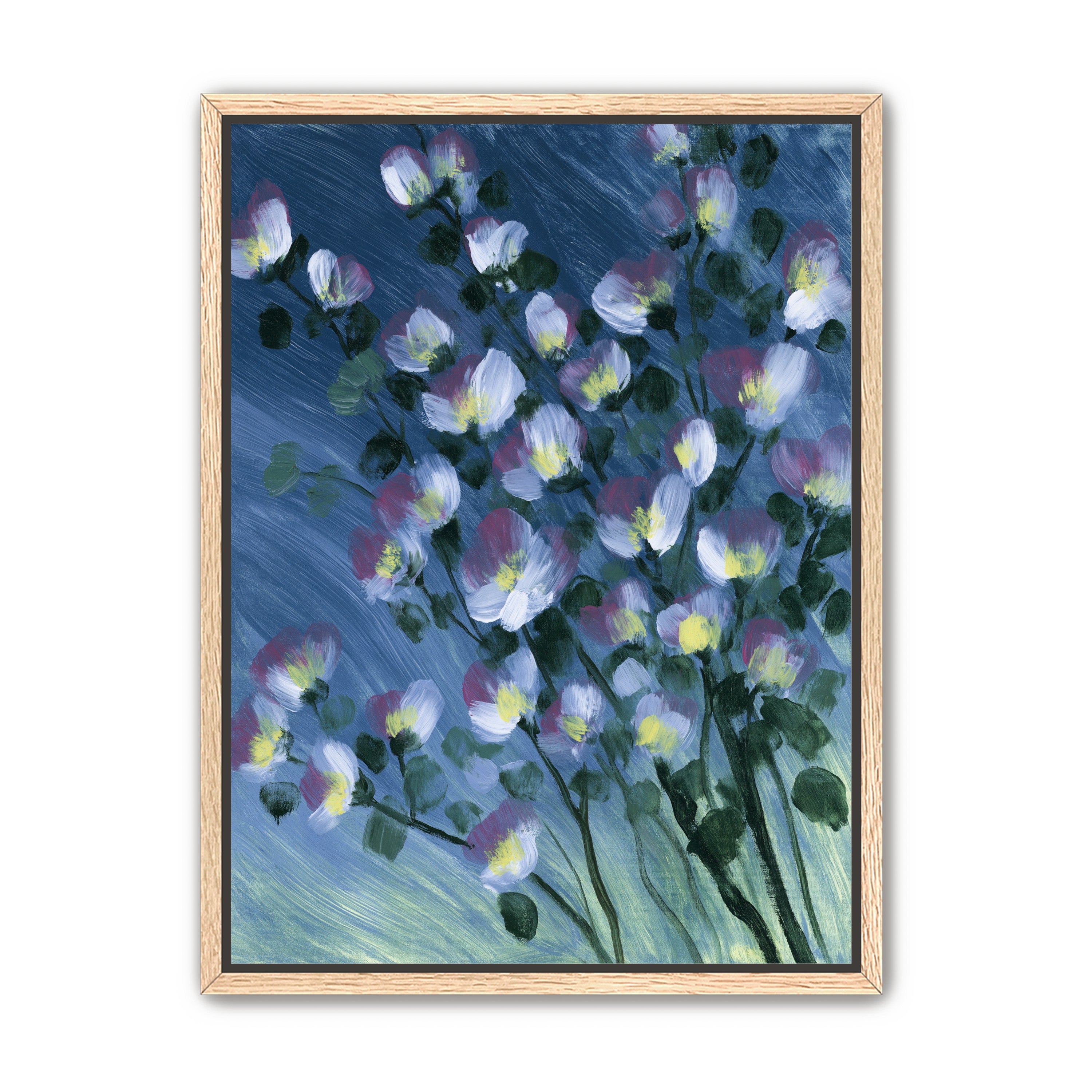 White blossoms on blue field