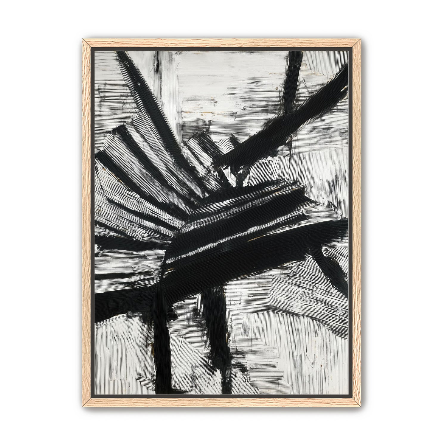 Non-Representational: Thick black brushstrokes cross and stack over a white surface filled with fine scratched lines.