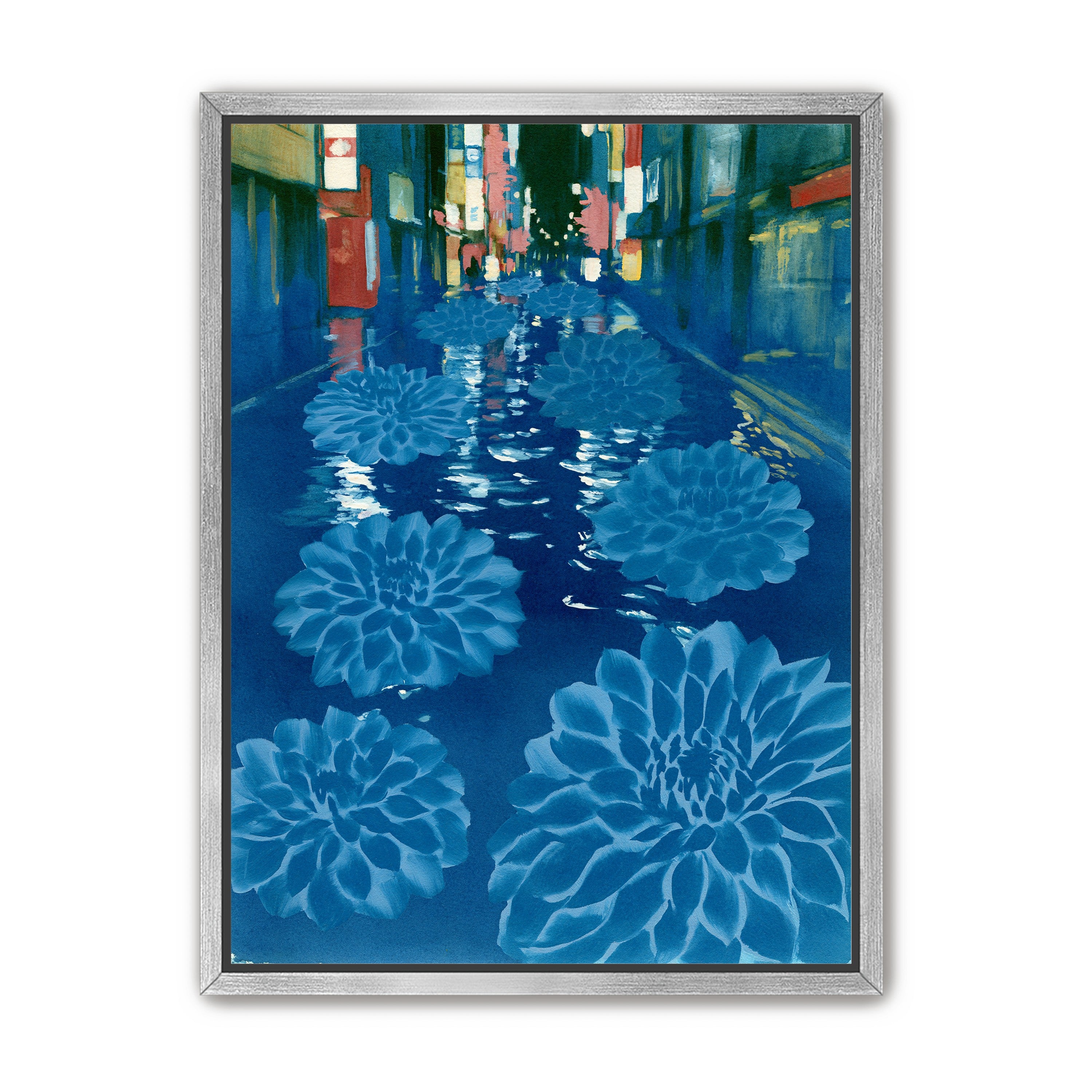 Neon spills into blue floodwater