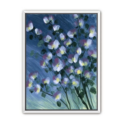 White blossoms on blue field