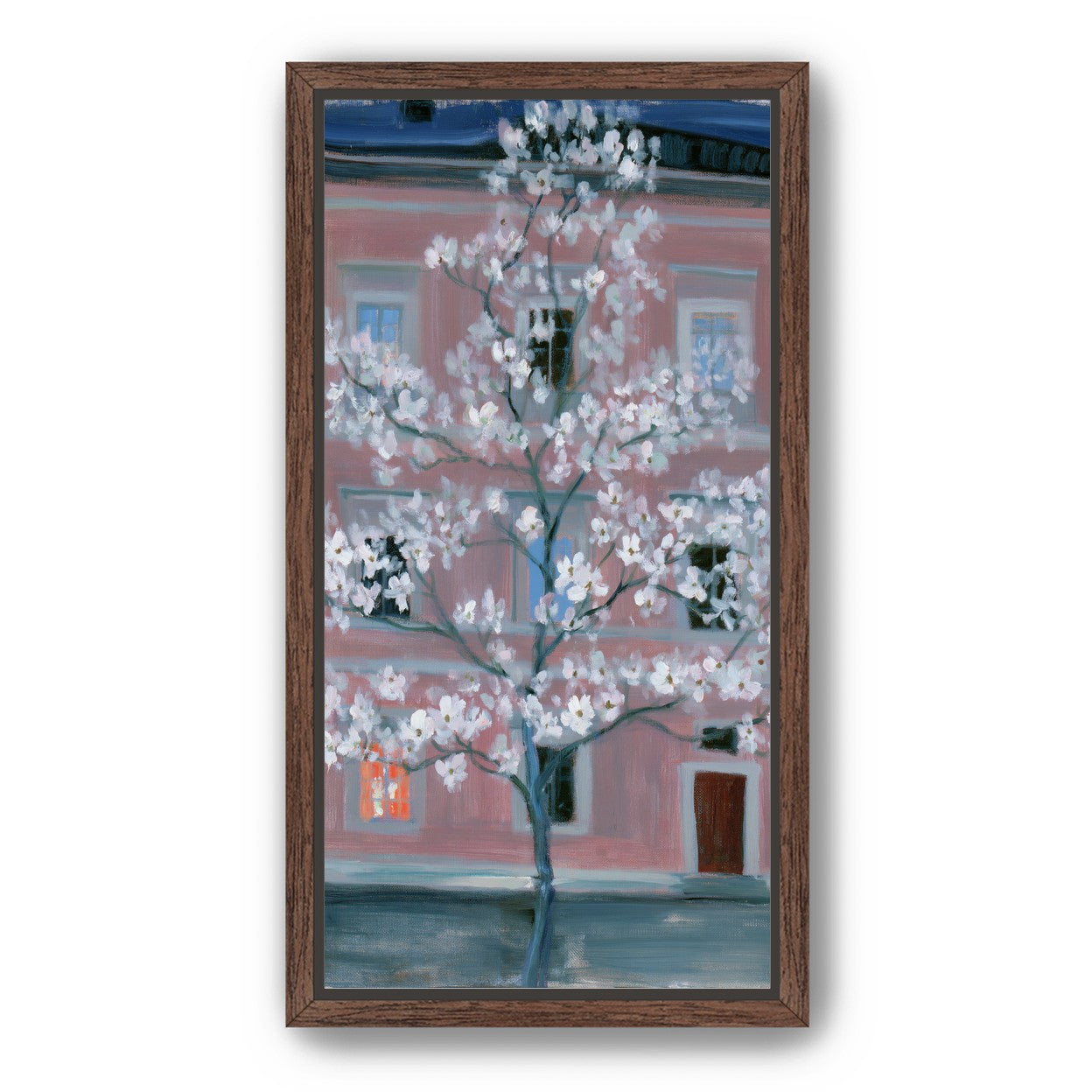 White blossoms against the pink house