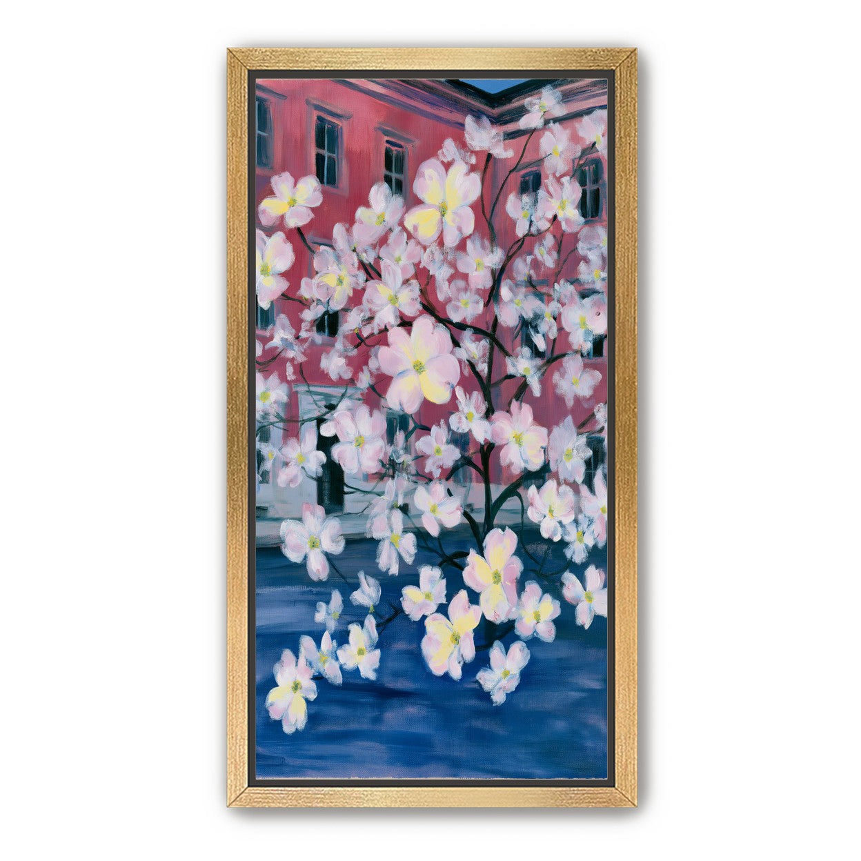 Blossoms across red windows