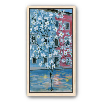 White blossoms across blue and pink