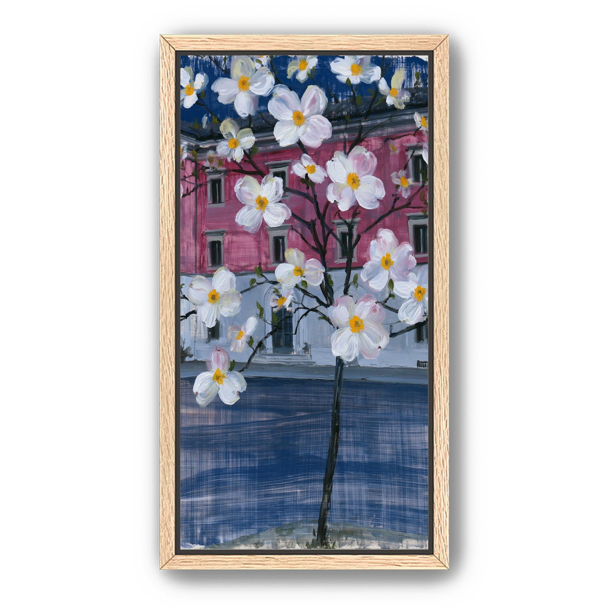 White blossoms over the pink house