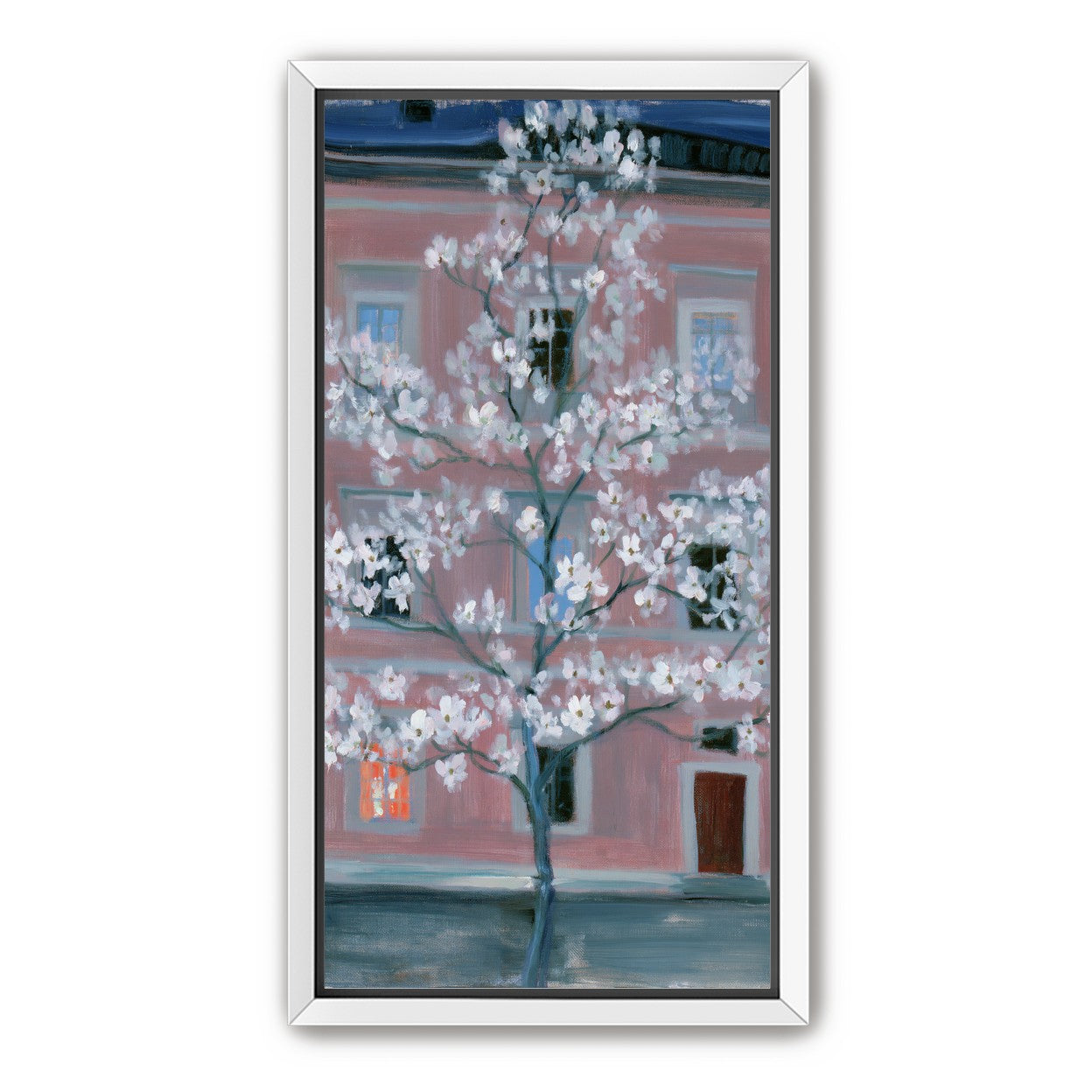 White blossoms against the pink house