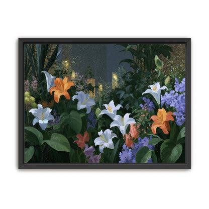 Lit windows beyond the lilies