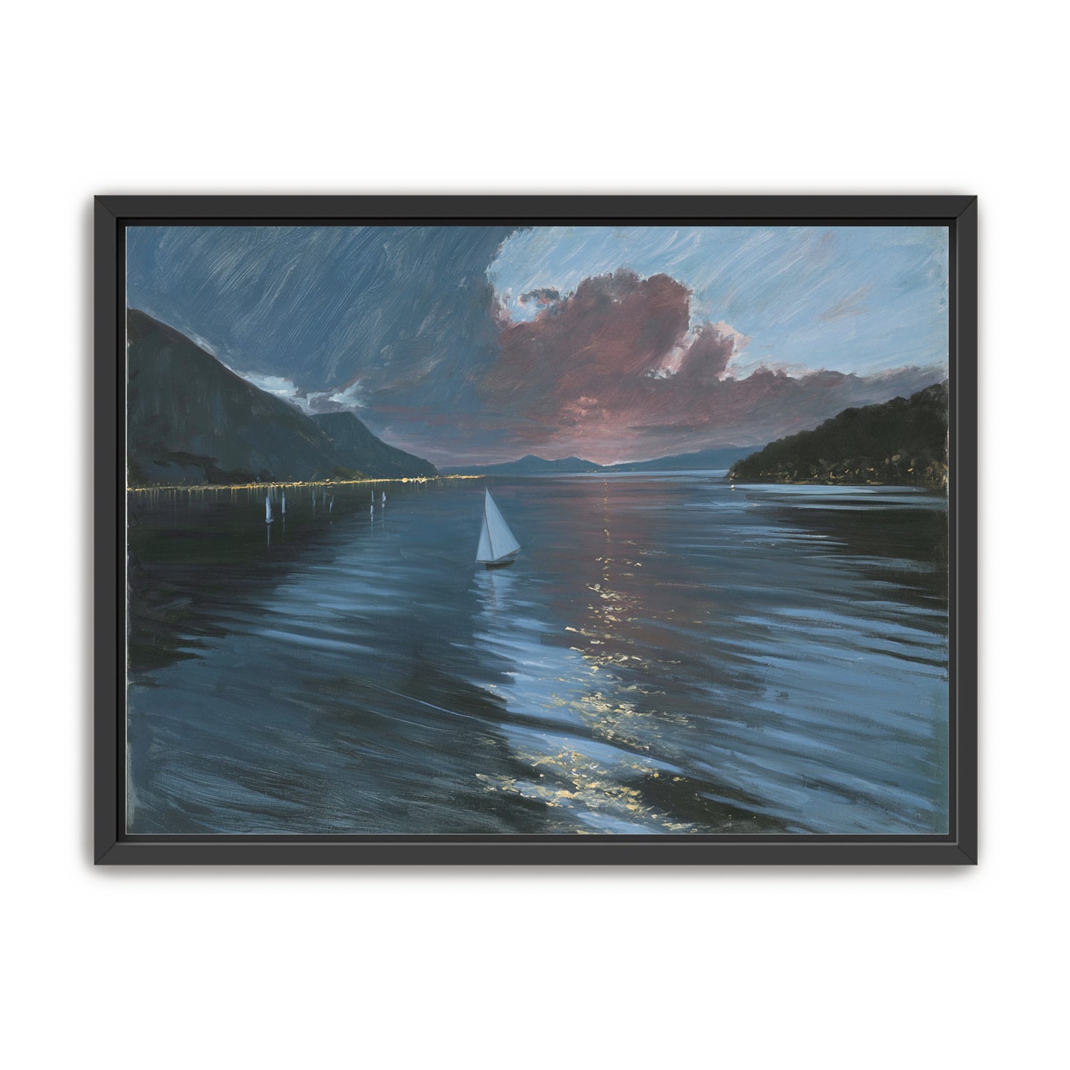 A sailboat beneath storm clouds