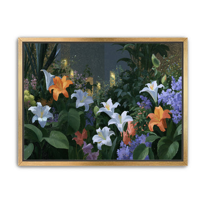 Lit windows beyond the lilies
