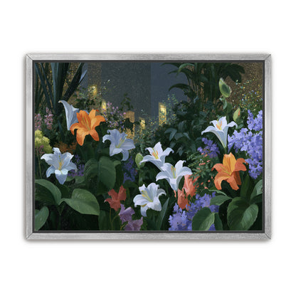 Lit windows beyond the lilies