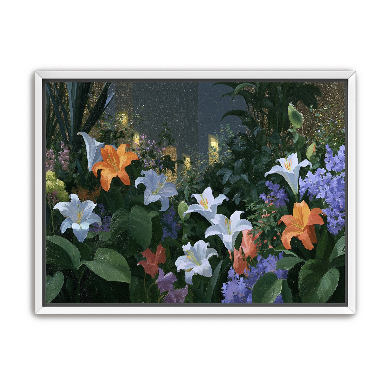 Lit windows beyond the lilies