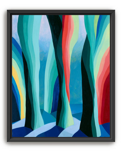 Between red trunks and blue shadows