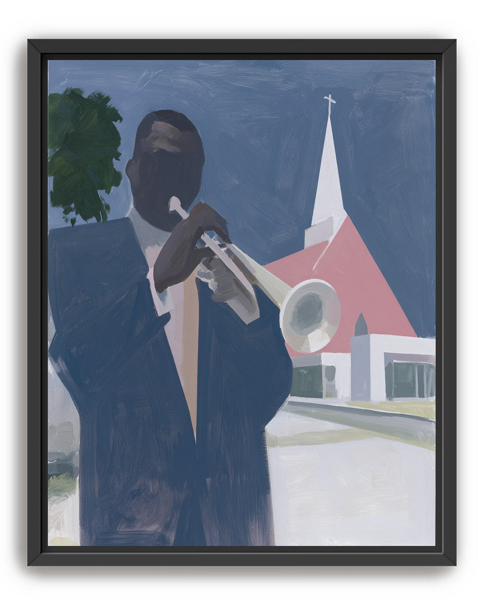 Blue sky over pink church