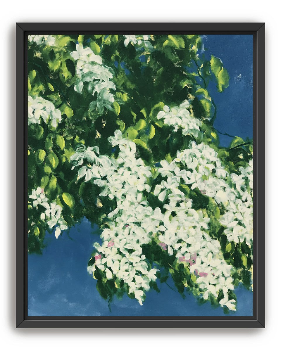 White blossoms on blue field