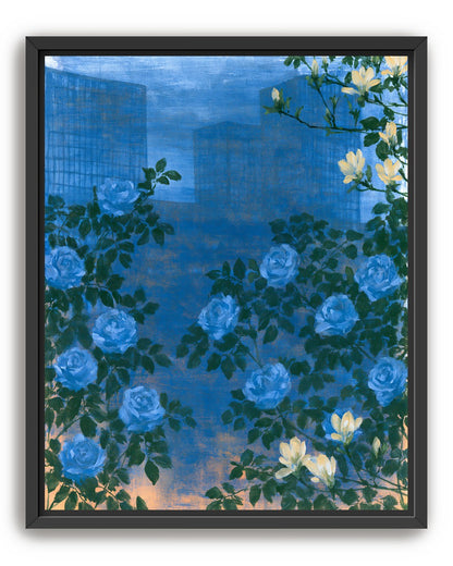 Roses against the blue towers