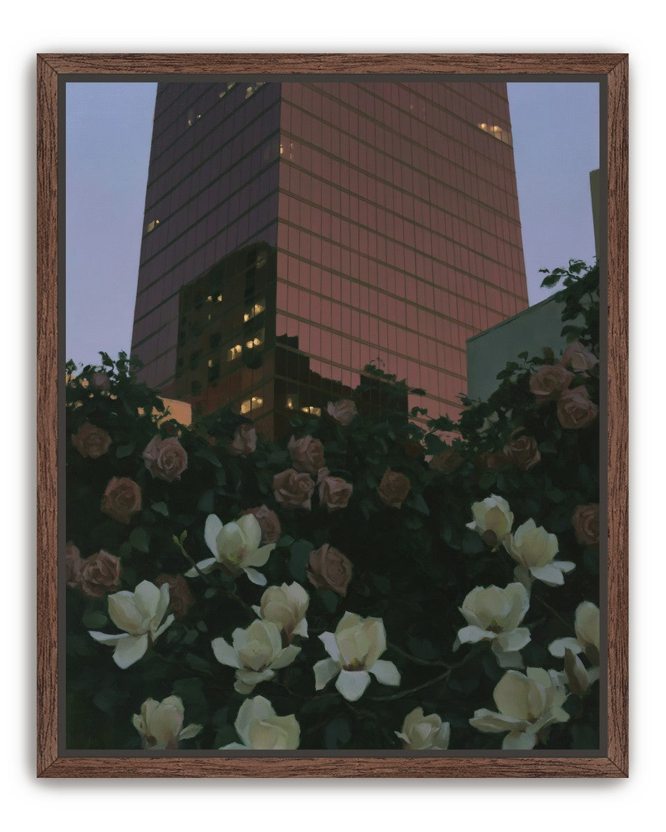 Pink tower above magnolias