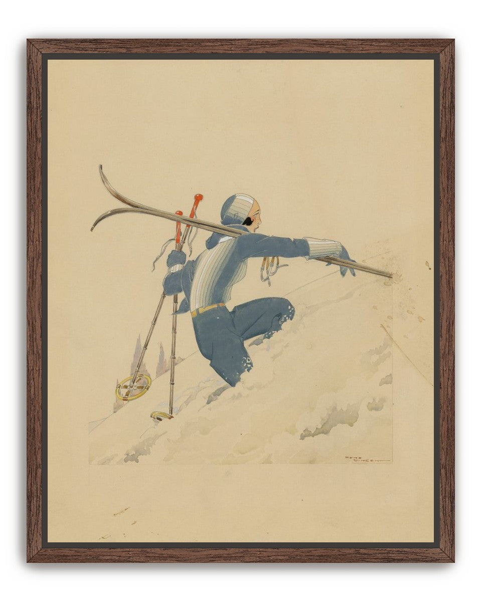 Blue skier in pale snow