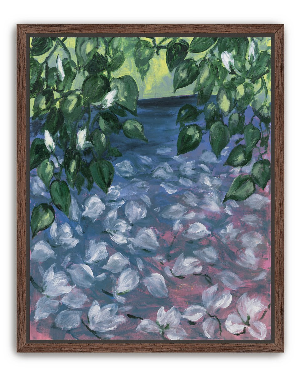 White petals on blue pond