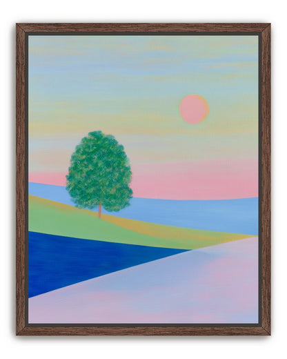 Pink sun over striped hills