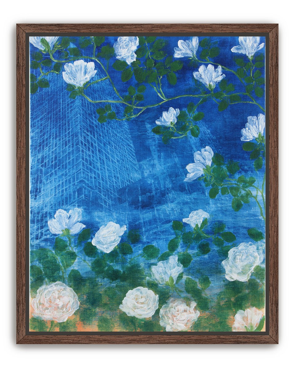 White blossoms on cobalt blue