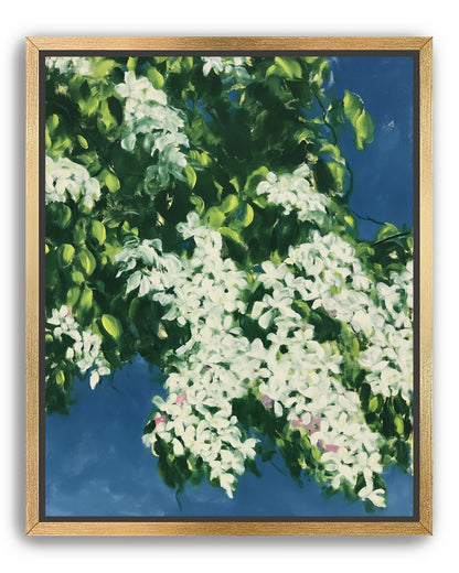White blossoms on blue field