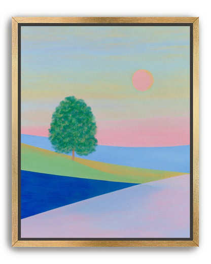 Pink sun over striped hills