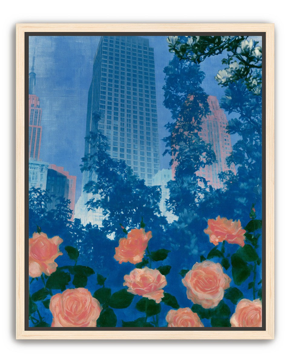 Pink roses below skyscrapers