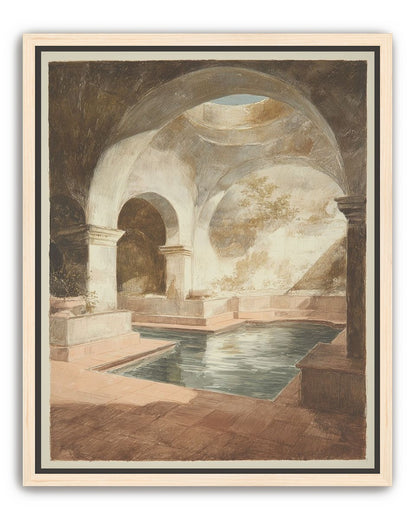 Courtyard pool beneath pale arches