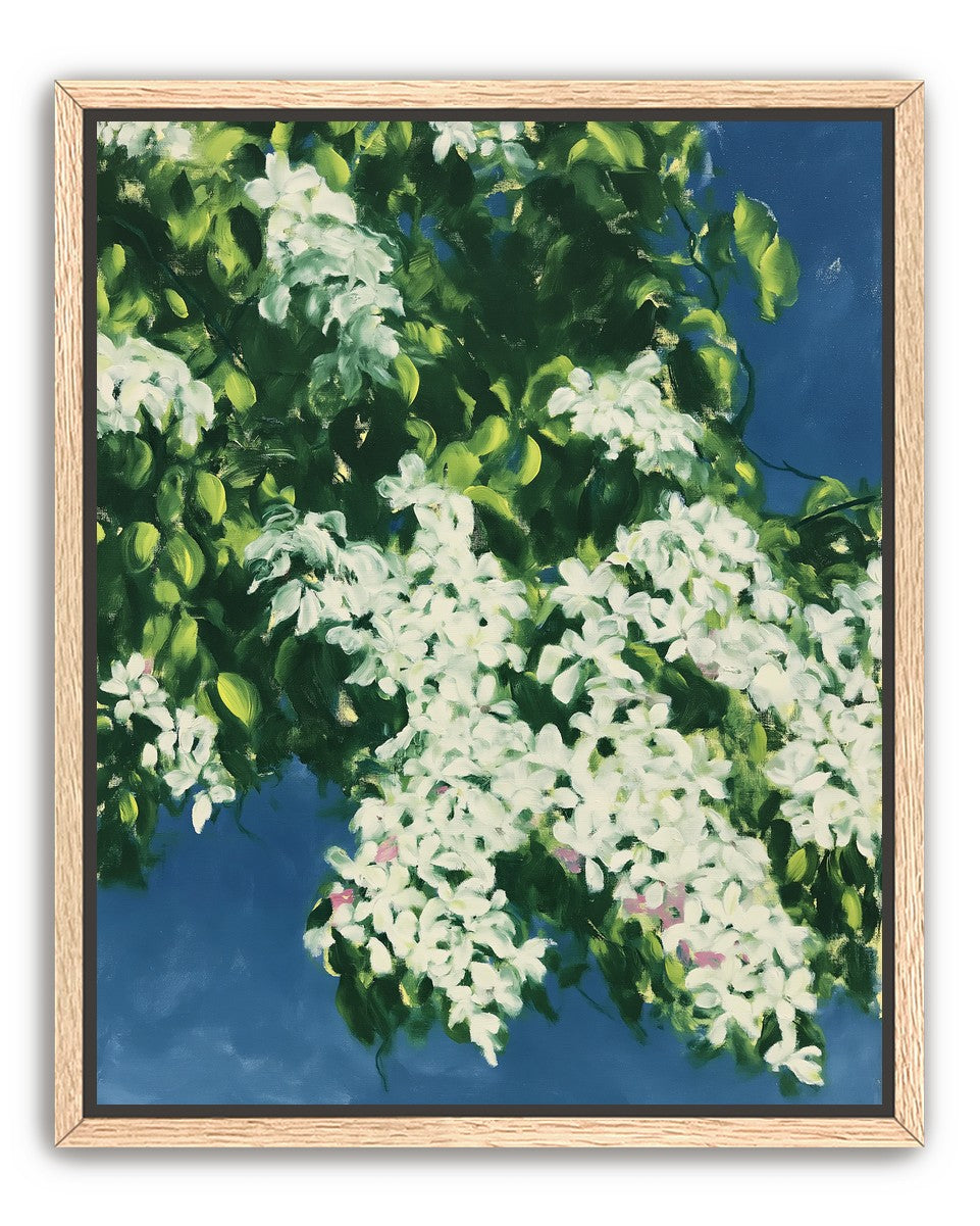 White blossoms on blue field
